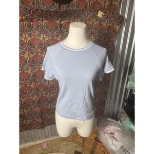Light Blue Short Sleeve T-Shirt White Trim Casual Top Womens